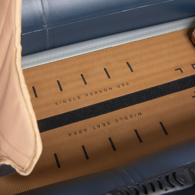 Car seat mat with measurement markings and text on a car interior background