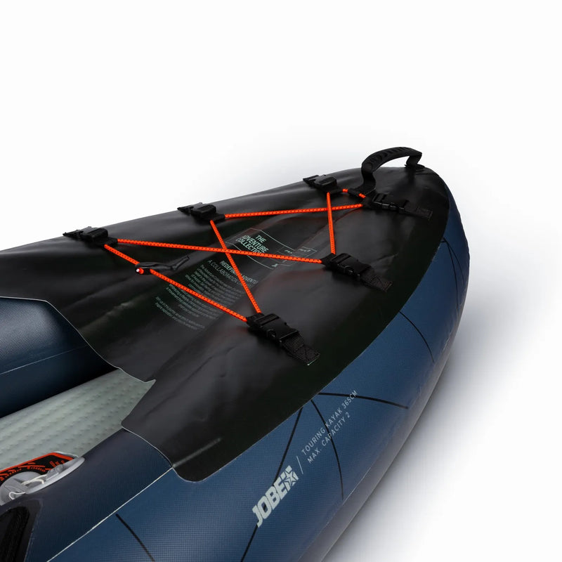 Blue inflatable kayak with orange straps on a white background