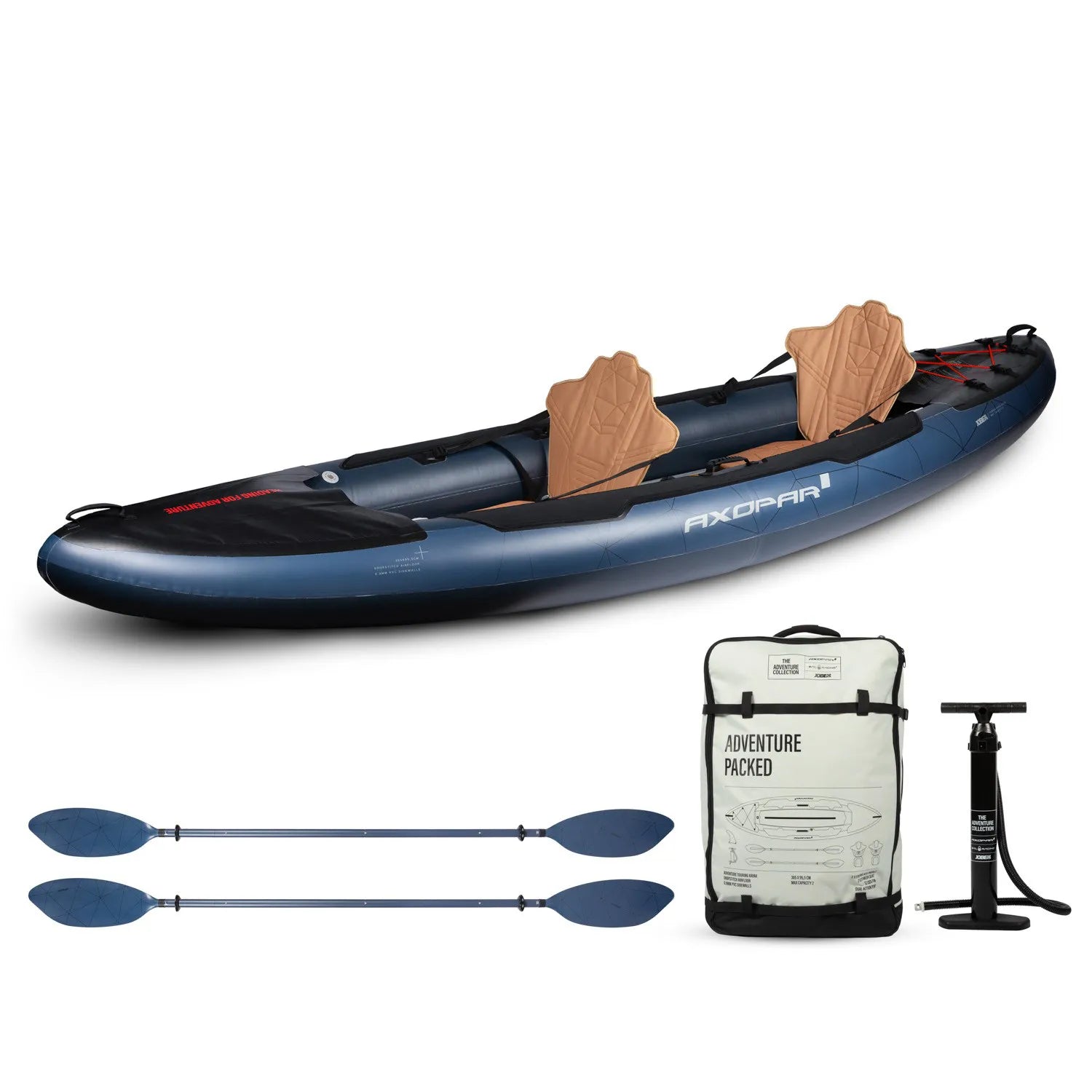 Blue kayak with wooden seats, two paddles, a white bag labeled 'Adventure Packed', and a black pump on a white background.
