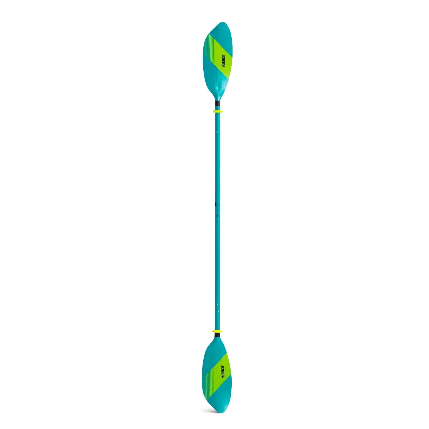 Teal and green kayak paddle on a white background