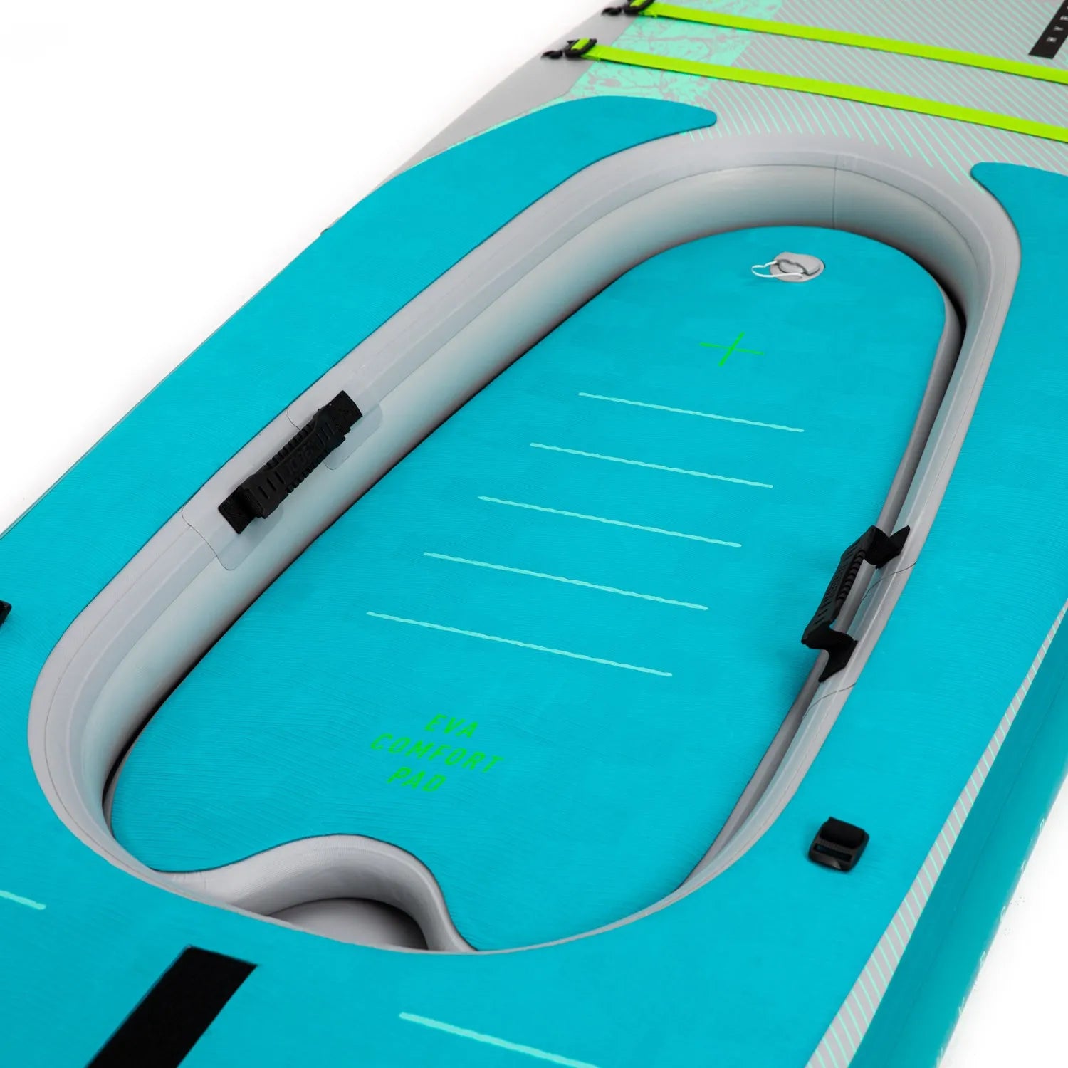 Close-up of a teal inflatable paddle board with gray and black accents on a white background