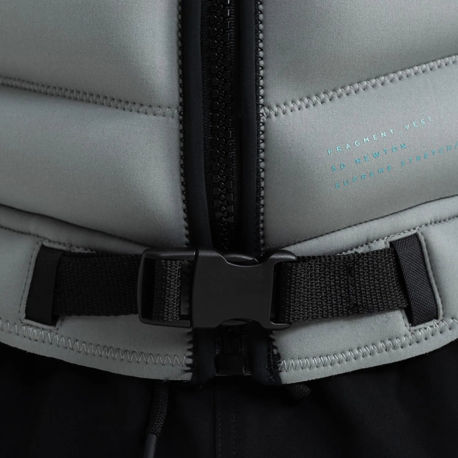 Close-up of a gray backpack with black straps and zipper