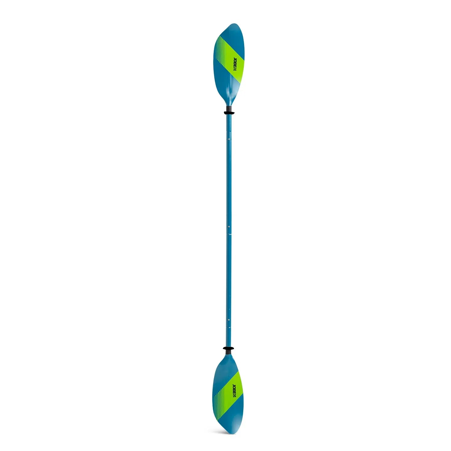 Blue and green kayak paddle on a white background