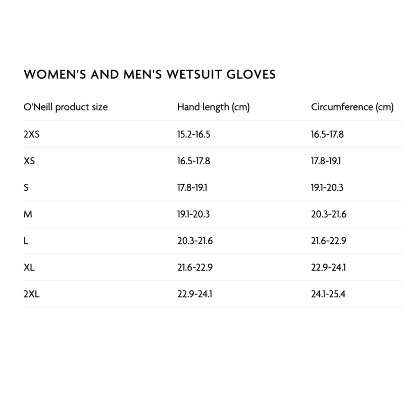 How to choose a neoprene glove. Wetsuit size guide for O'Neill gloves.