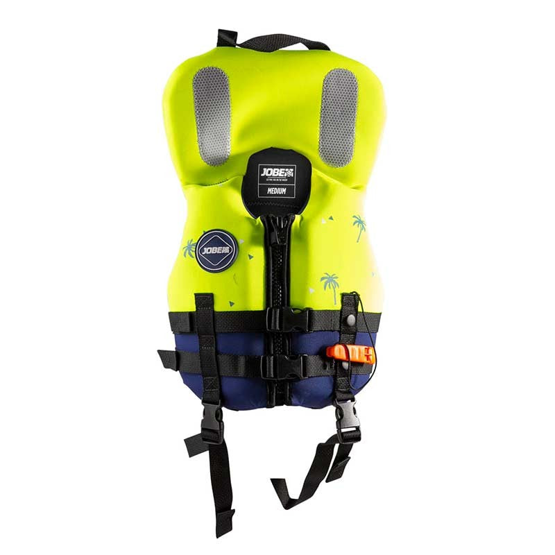 A bright green JOBE neoprene safety life vest for kids with adjustable webbing straps, a front zipper, and reflective panels.